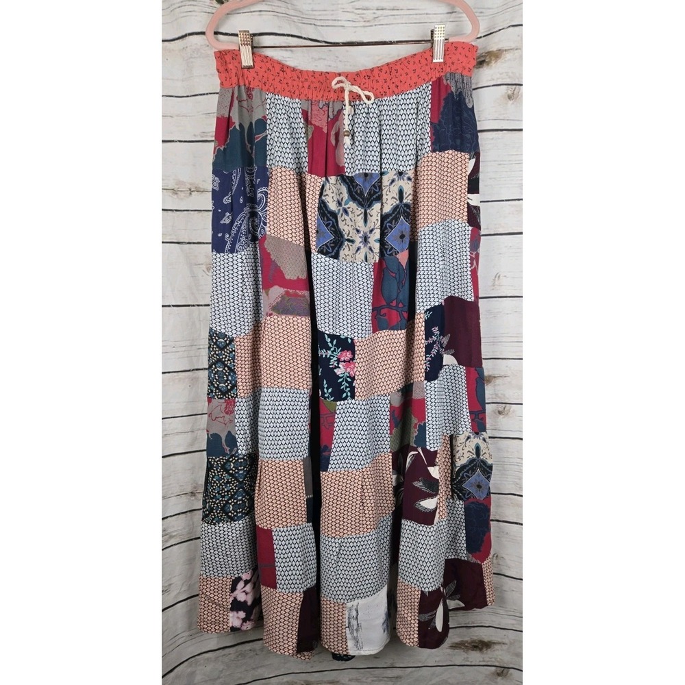 Vtg Patchwork Midi Maxi Skirt M Festival Prairie Americana 4th July Boho Rayon